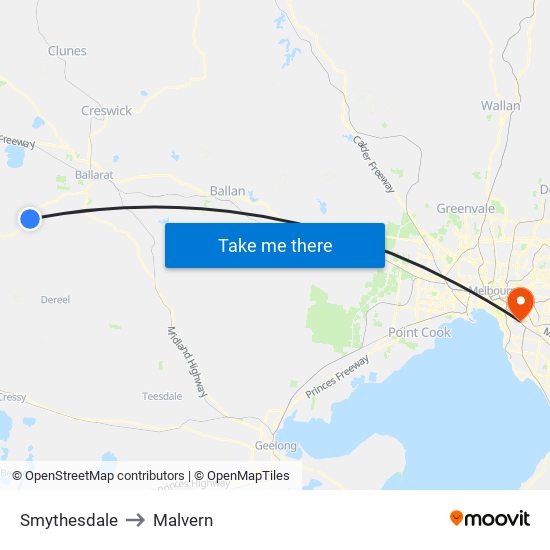 Smythesdale to Malvern map