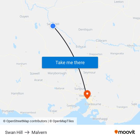 Swan Hill to Malvern map