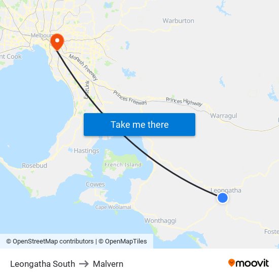 Leongatha South to Malvern map