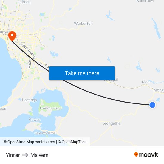 Yinnar to Malvern map