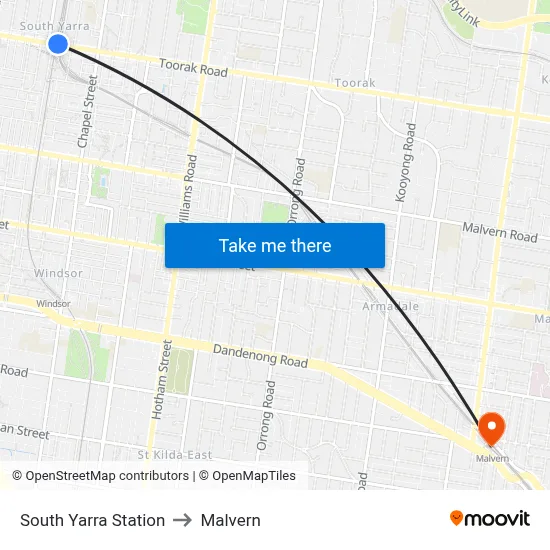 South Yarra Station to Malvern map