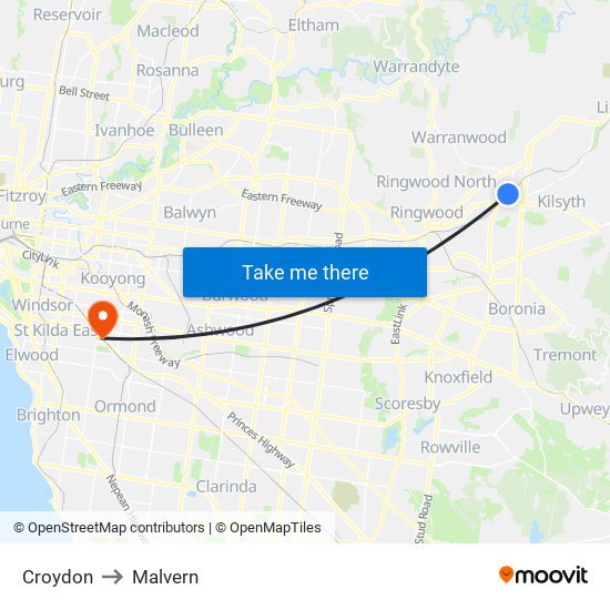 Croydon to Malvern map