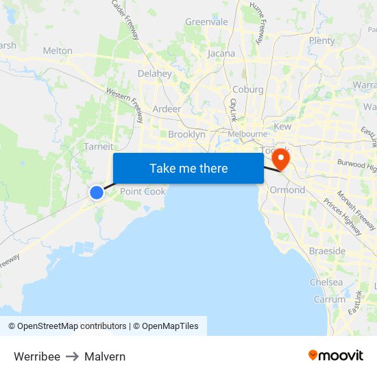 Werribee to Malvern map