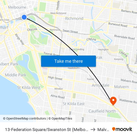 13-Federation Square/Swanston St (Melbourne City) to Malvern map