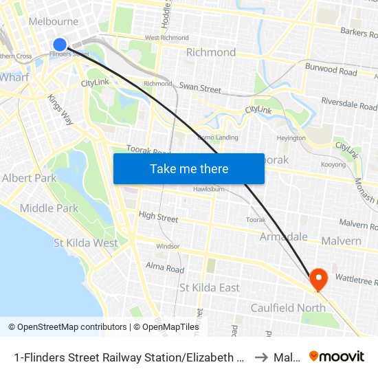 1-Flinders Street Railway Station/Elizabeth St (Melbourne City) to Malvern map