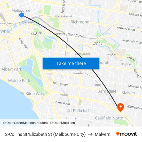 2-Collins St/Elizabeth St (Melbourne City) to Malvern map