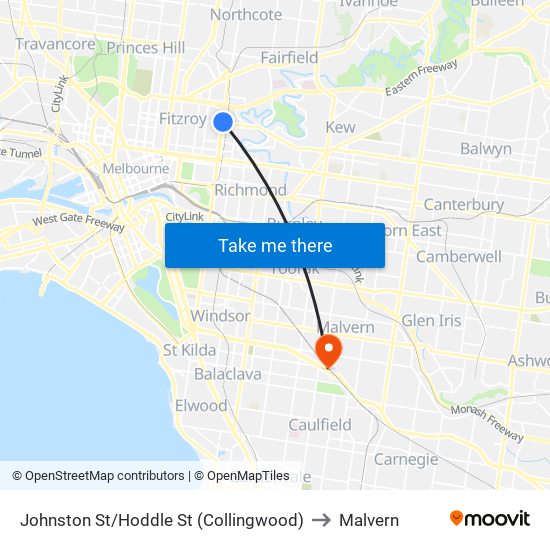 Johnston St/Hoddle St (Collingwood) to Malvern map