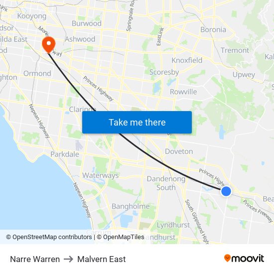 Narre Warren to Malvern East map