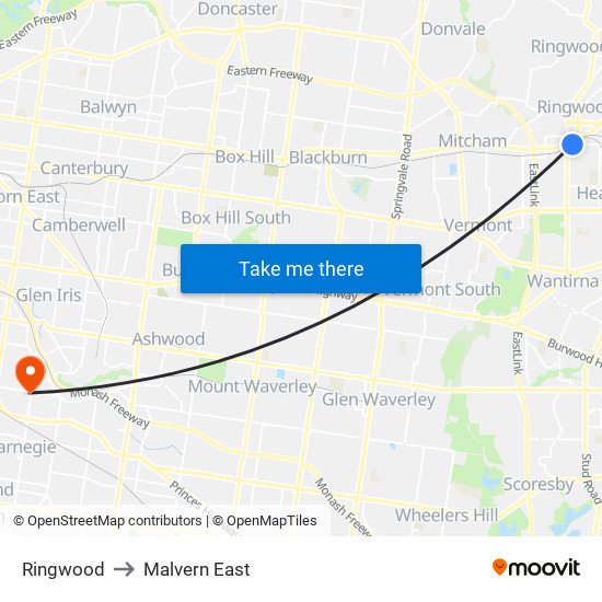 Ringwood to Malvern East map