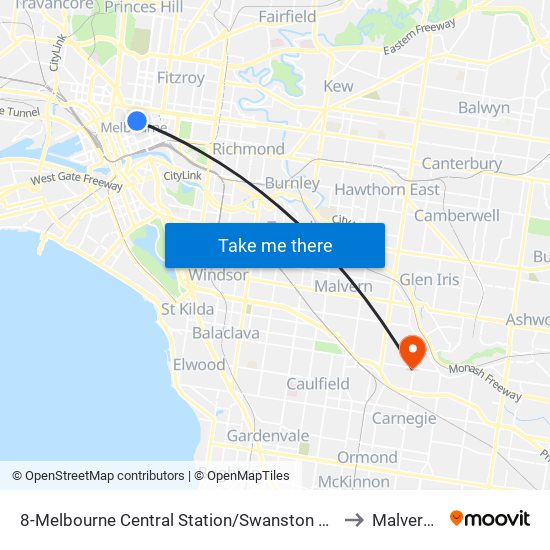 8-Melbourne Central Station/Swanston St (Melbourne City) to Malvern East map
