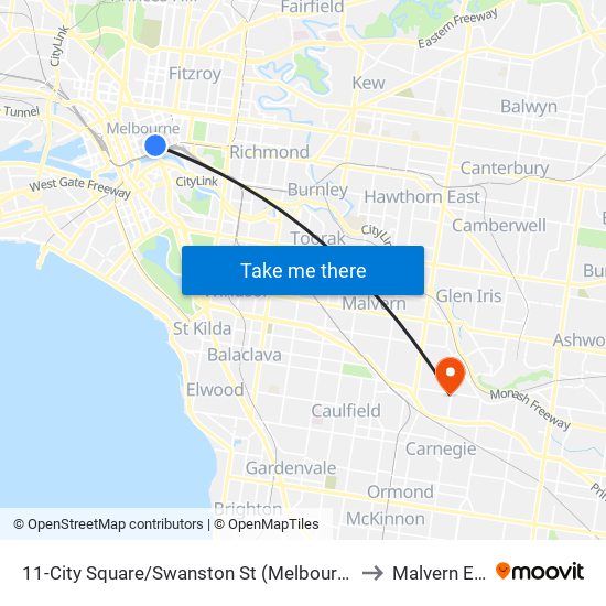 11-City Square/Swanston St (Melbourne City) to Malvern East map