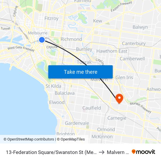 13-Federation Square/Swanston St (Melbourne City) to Malvern East map