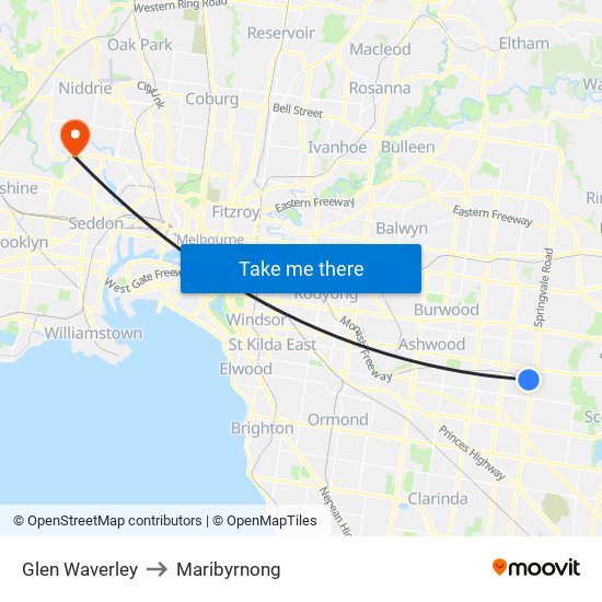 Glen Waverley to Maribyrnong map