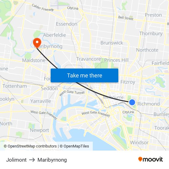 Jolimont to Maribyrnong map