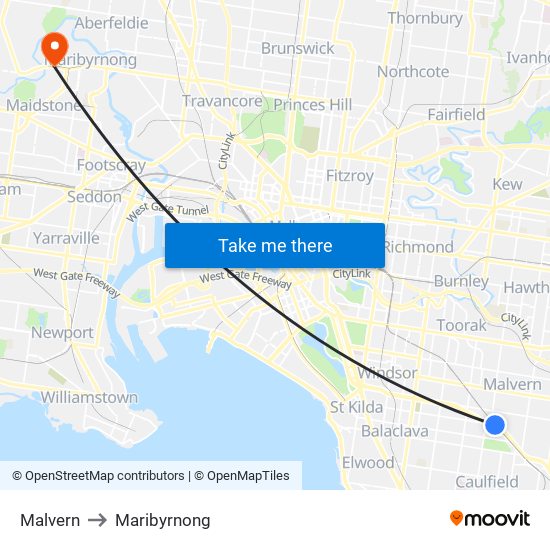 Malvern to Maribyrnong map