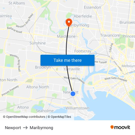 Newport to Maribyrnong map