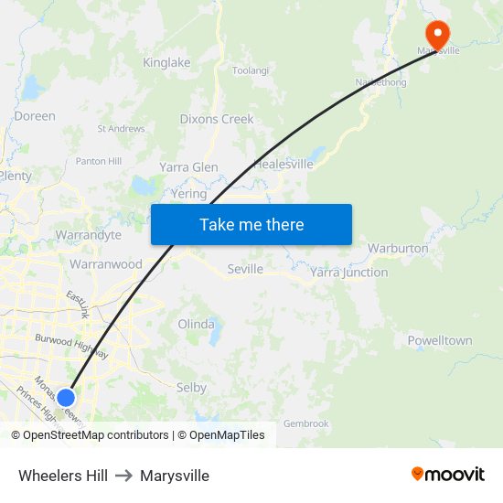 Wheelers Hill to Marysville map