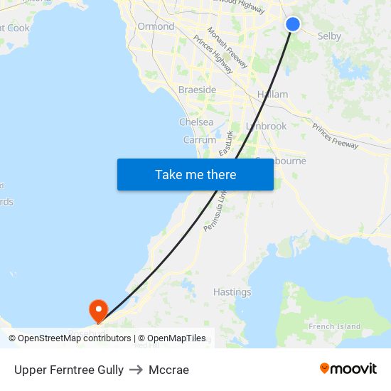 Upper Ferntree Gully to Mccrae map