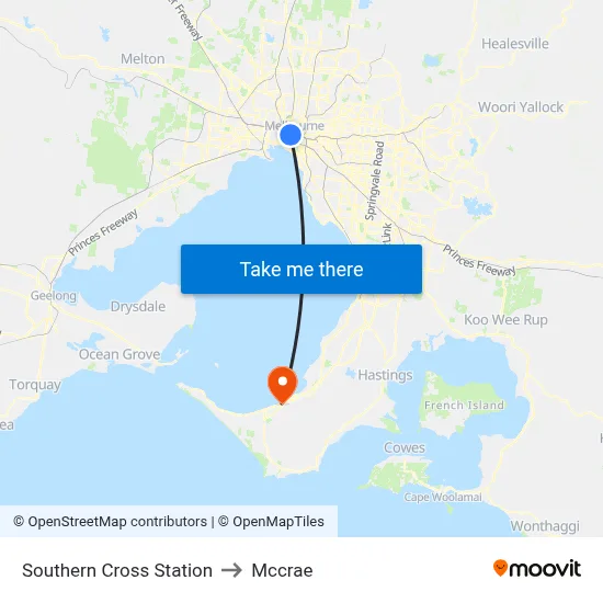 Southern Cross Station to Mccrae map