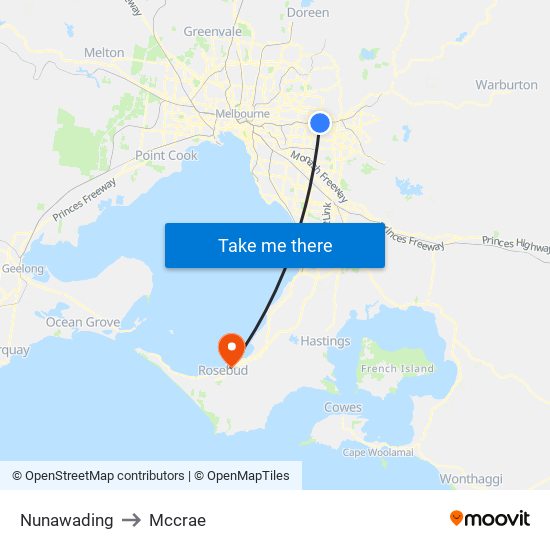 Nunawading to Mccrae map