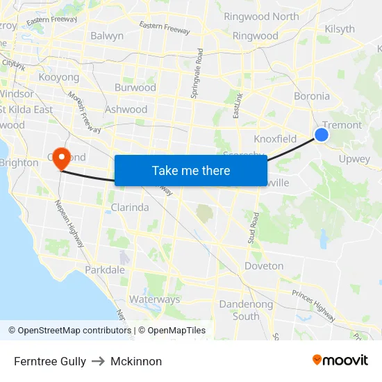 Ferntree Gully to Mckinnon map