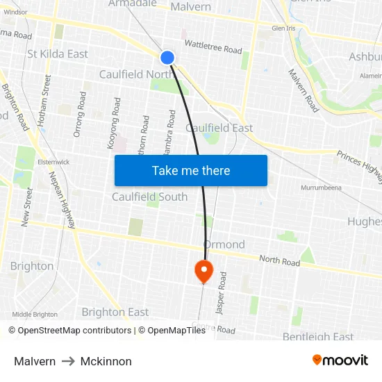 Malvern to Mckinnon map