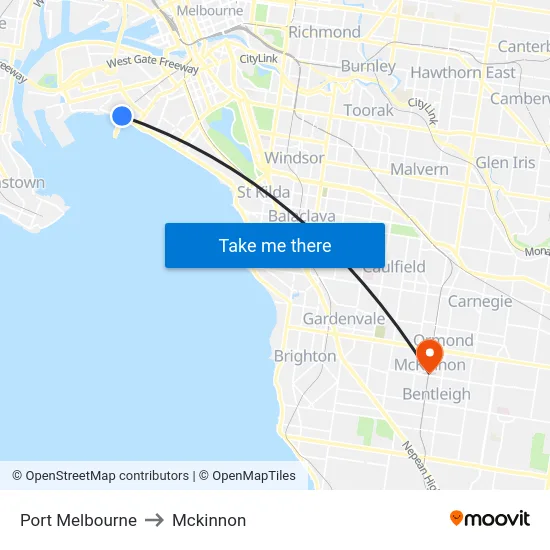 Port Melbourne to Mckinnon map