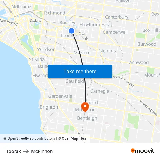 Toorak to Mckinnon map