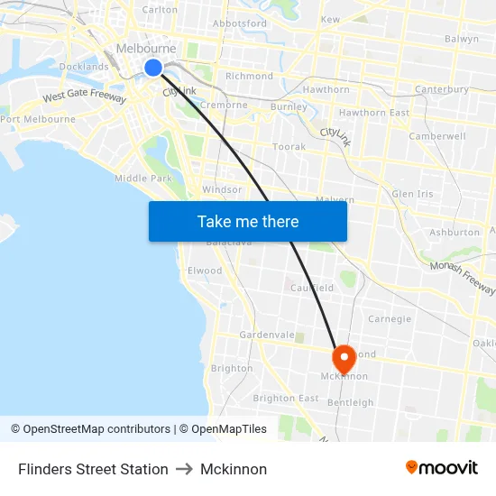 Flinders Street Station to Mckinnon map