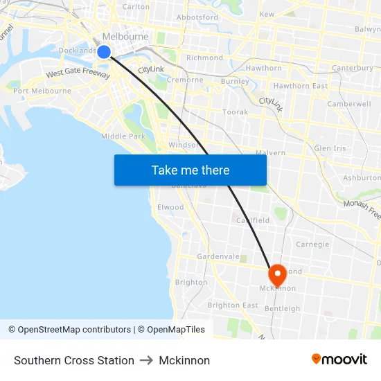 Southern Cross Station to Mckinnon map