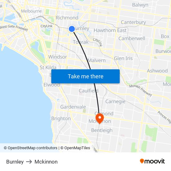 Burnley to Mckinnon map