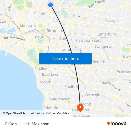 Clifton Hill to Mckinnon map