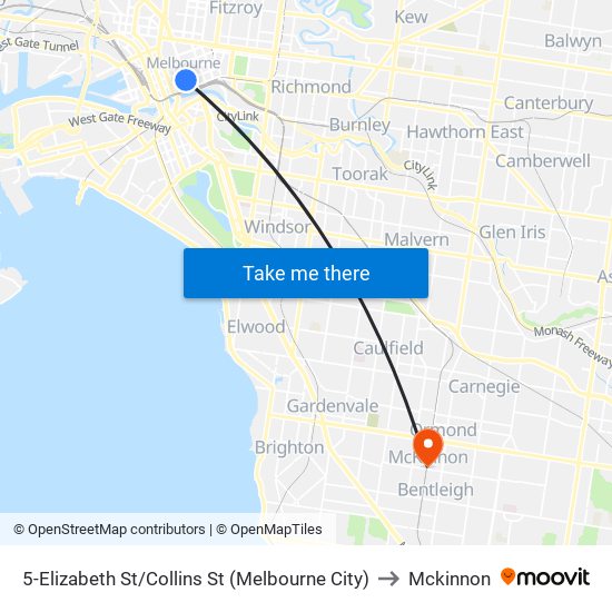 5-Elizabeth St/Collins St (Melbourne City) to Mckinnon map