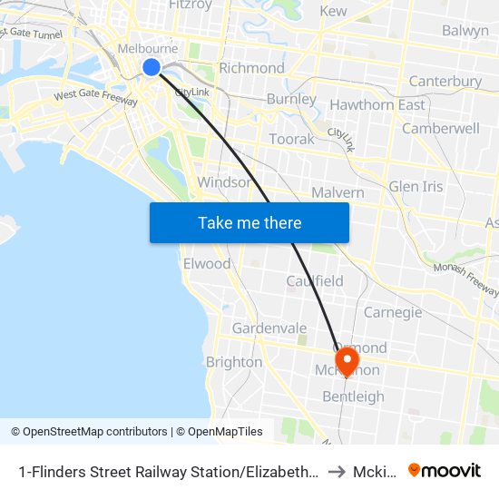 1-Flinders Street Railway Station/Elizabeth St (Melbourne City) to Mckinnon map