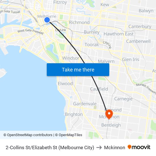 2-Collins St/Elizabeth St (Melbourne City) to Mckinnon map