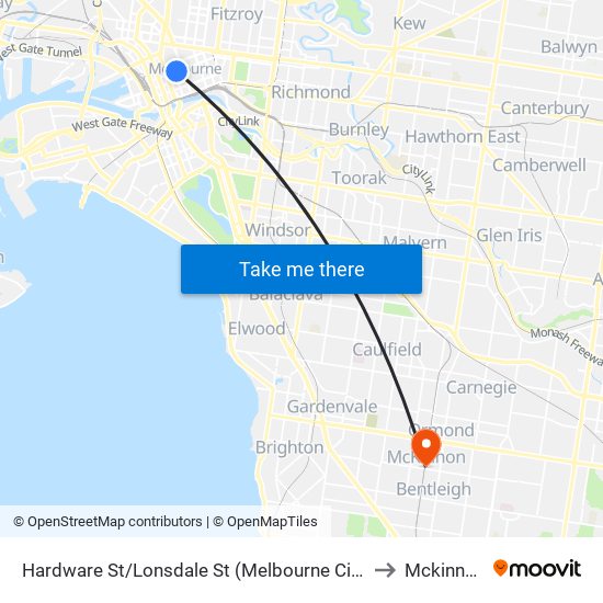 Hardware St/Lonsdale St (Melbourne City) to Mckinnon map