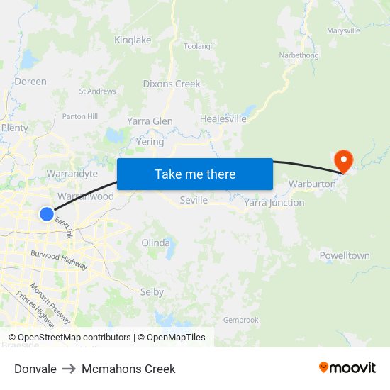 Donvale to Mcmahons Creek map