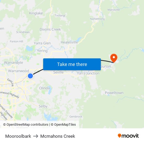 Mooroolbark to Mcmahons Creek map