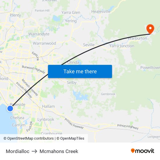 Mordialloc to Mcmahons Creek map