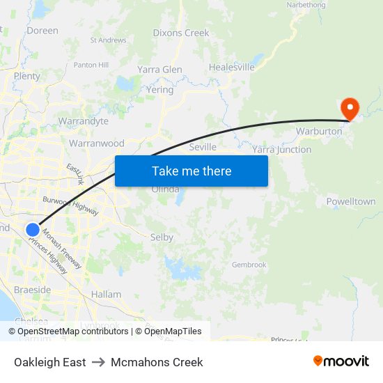 Oakleigh East to Mcmahons Creek map