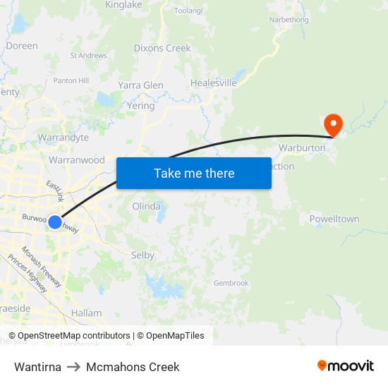 Wantirna to Mcmahons Creek map