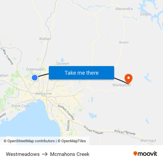 Westmeadows to Mcmahons Creek map