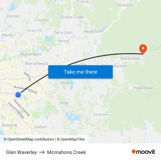 Glen Waverley to Mcmahons Creek map