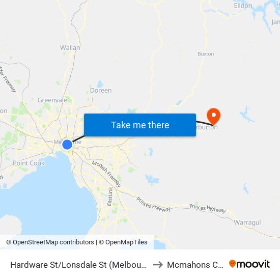 Hardware St/Lonsdale St (Melbourne City) to Mcmahons Creek map