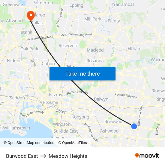 Burwood East to Meadow Heights map