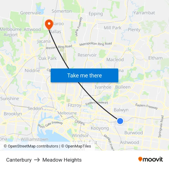 Canterbury to Meadow Heights map