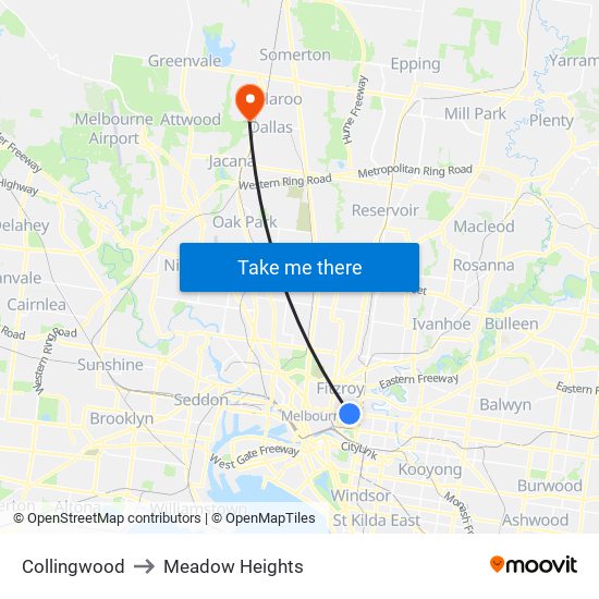 Collingwood to Meadow Heights map