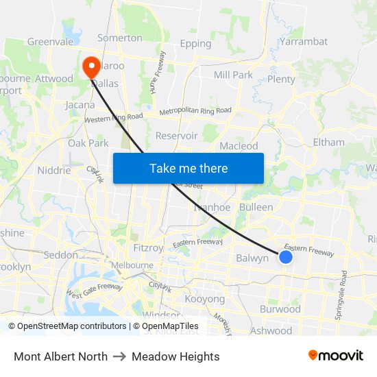 Mont Albert North to Meadow Heights map