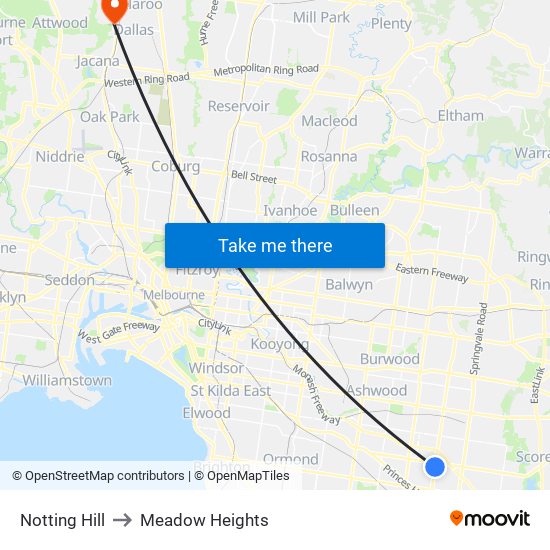 Notting Hill to Meadow Heights map