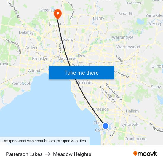 Patterson Lakes to Meadow Heights map